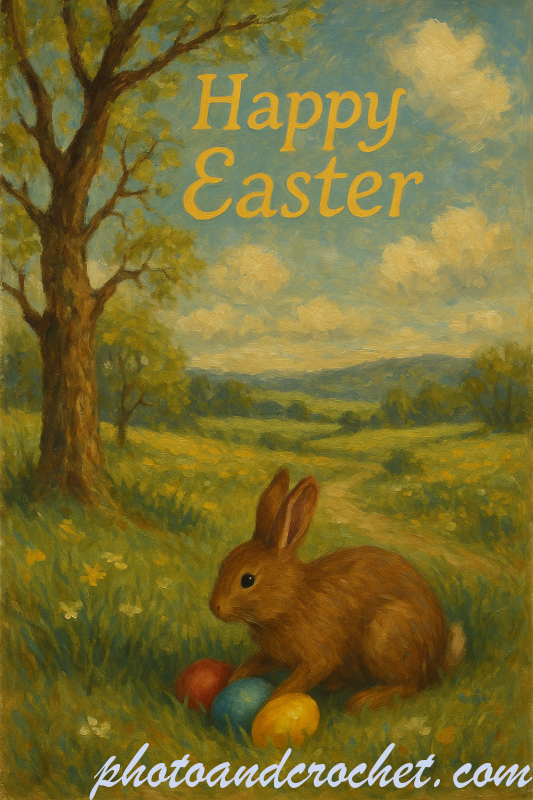 Easter Bunny Hiding Eggs in Spring Landscape – Oil Painting Greeting Card