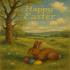 Easter Bunny Hiding Eggs in Spring Landscape – Oil Painting Greeting Card
