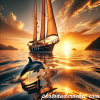 Sailing Yacht and Dolphin at Sunset – Coastal Scene