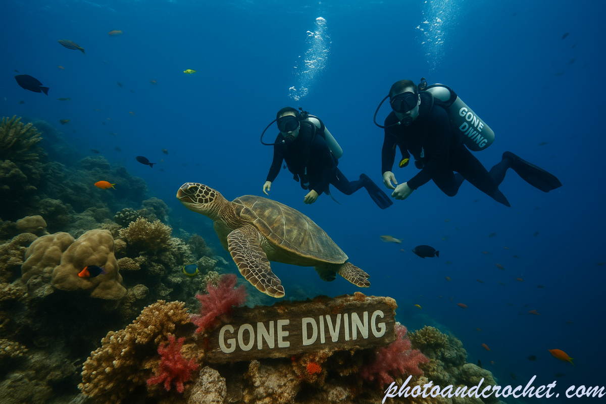 Gone Diving Coral Reef Scene – Divers and Turtle Underwater E-Card