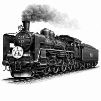Vintage Japanese Steam Locomotive – 3D Monochrome Clipart